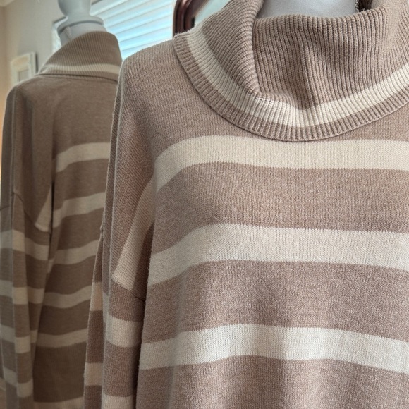 Luxe Cream and Tan Striped Cowl Neck Sweater - Picture 2 of 10